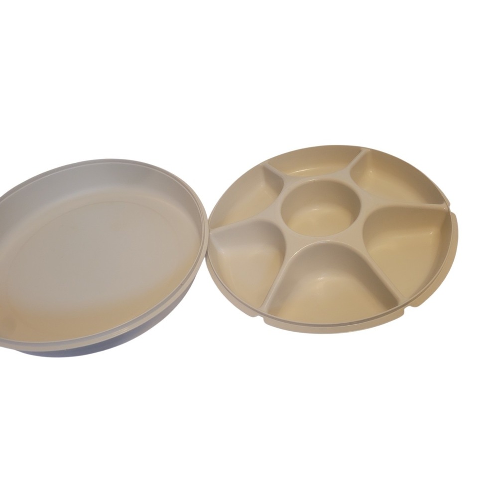 Vintage Tupperware  Divided Serving Tray Beige with Lid Missing Small Lidded Con